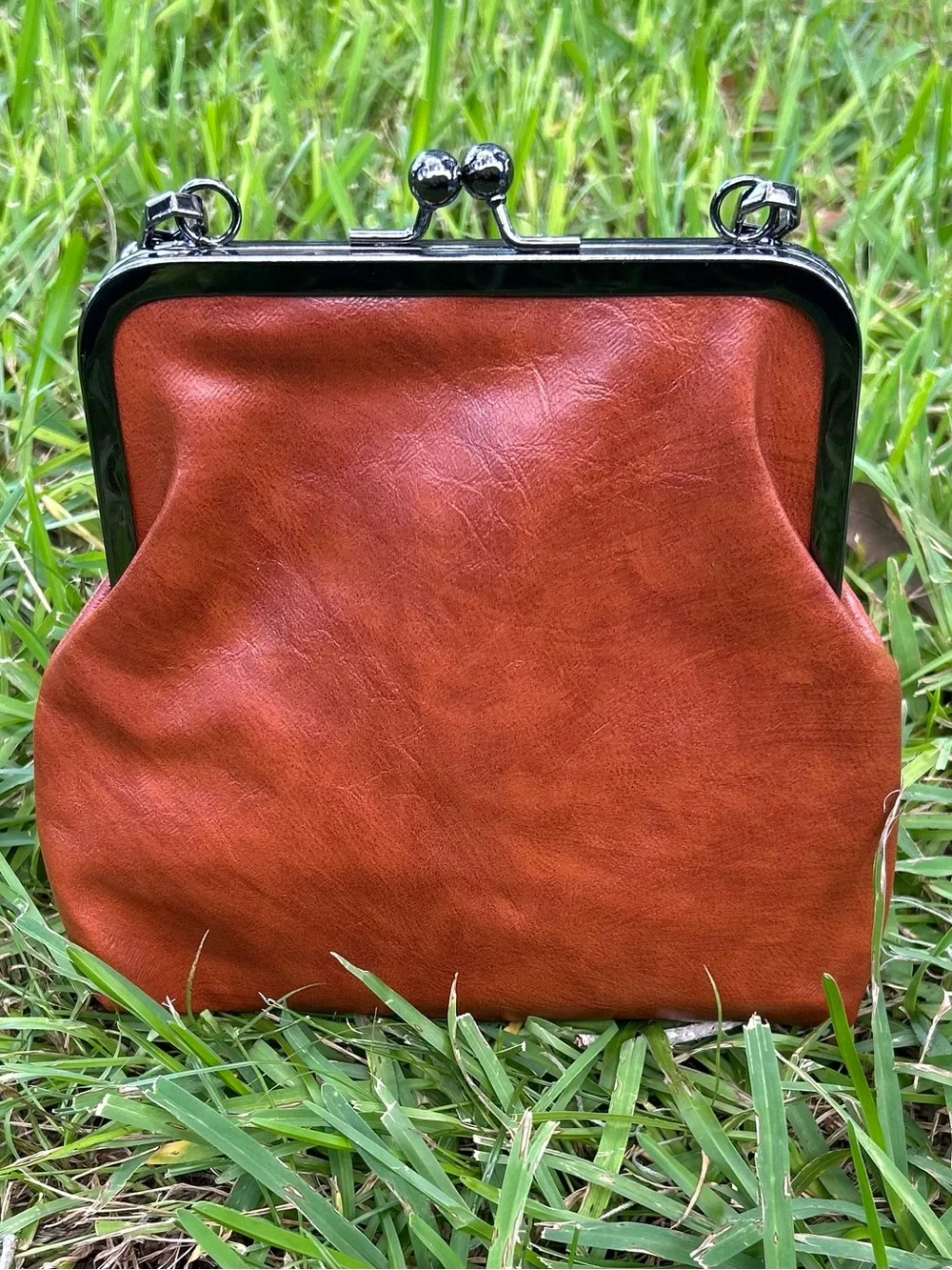 Classic Brown Leather Kiss-Lock Handbag - Women's Bag